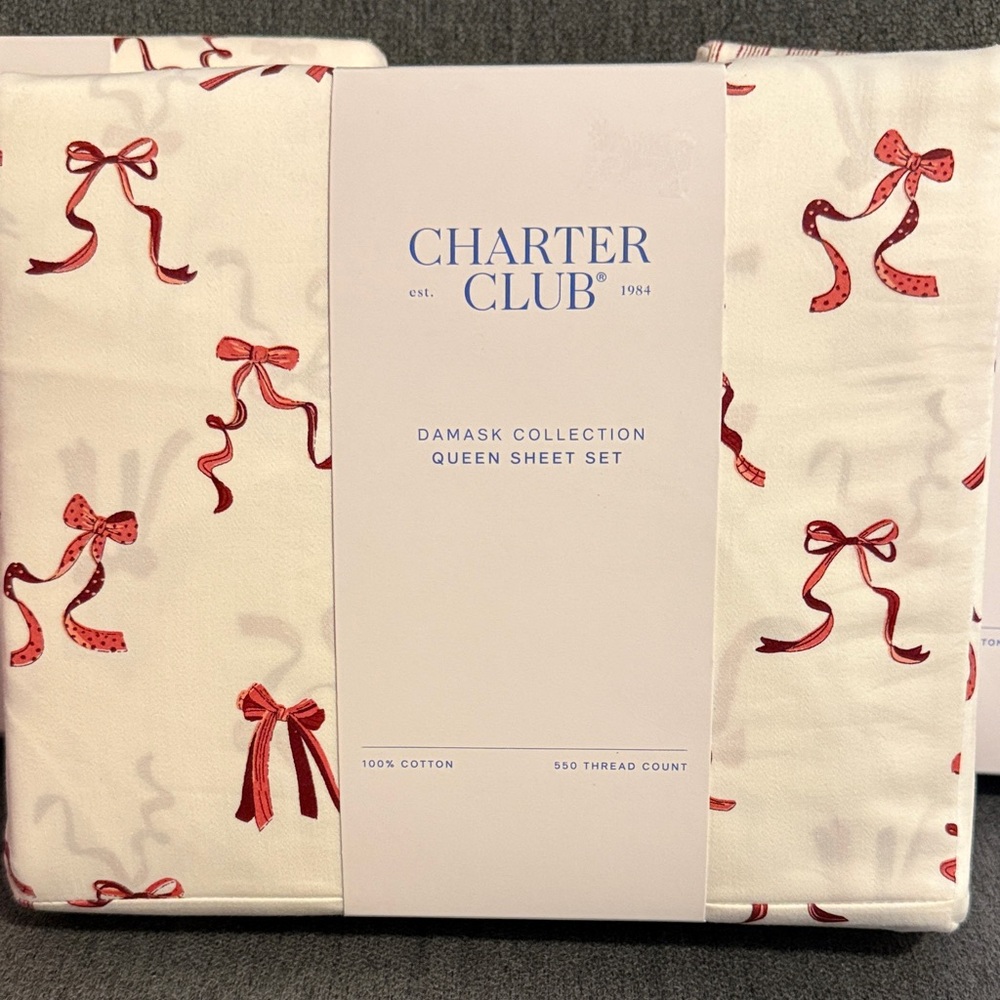Charter Club Damask Collection Queen Sheet Set with Red Bow Pattern